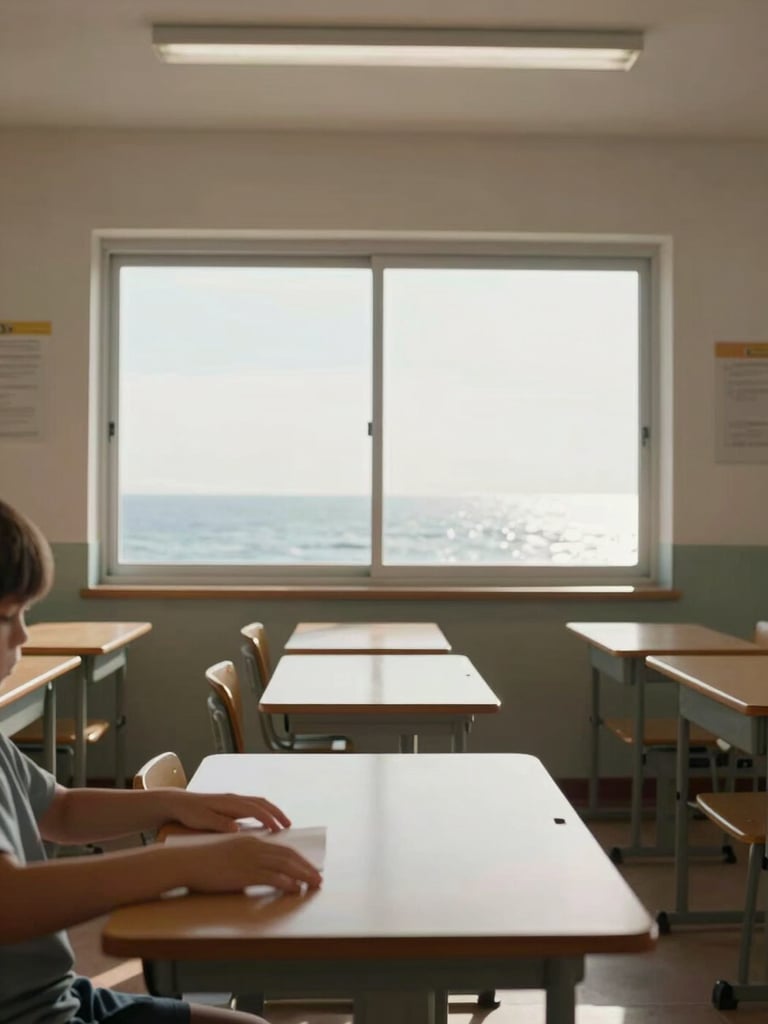Wide panoramic view from inside a minimal classroom looking toward a window, a child's hands resting open on an empty desk, soft north-facing daylight illuminating still air, no clutter, ocean visible through glass in the far distance