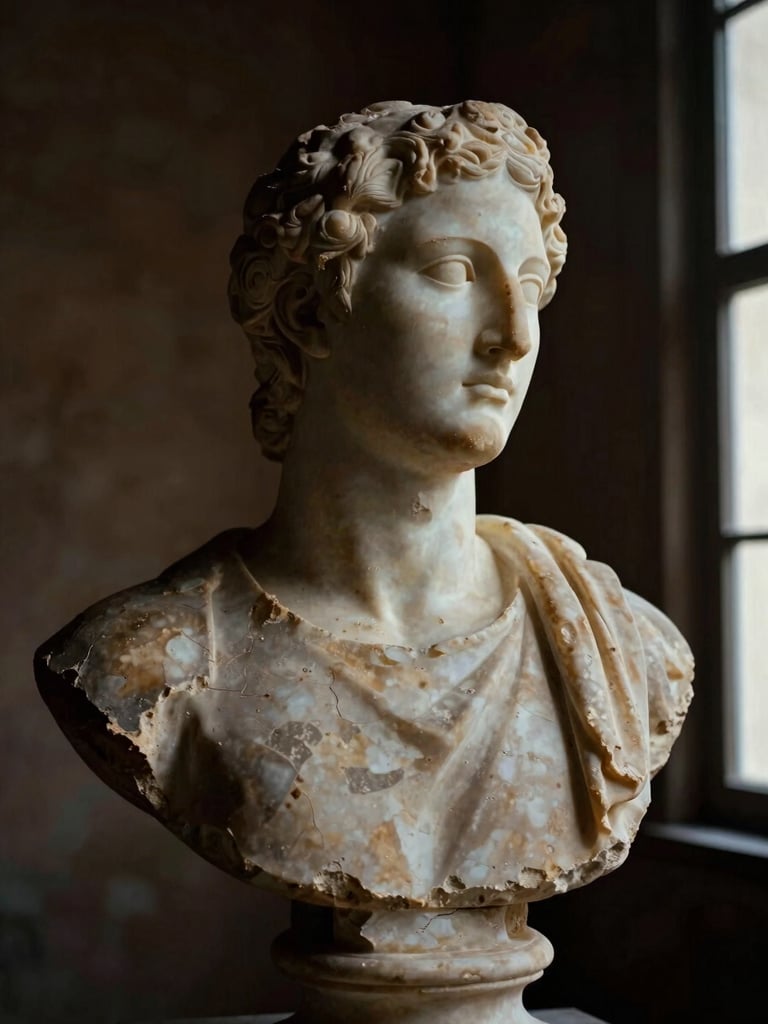 Portrait shot of an ancient, weathered marble bust with subtle chips and natural discoloration, dramatically lit from the right with a single window light, casting deep shadows, emphasizing the texture and historical patina, set against a dark, textured wall.