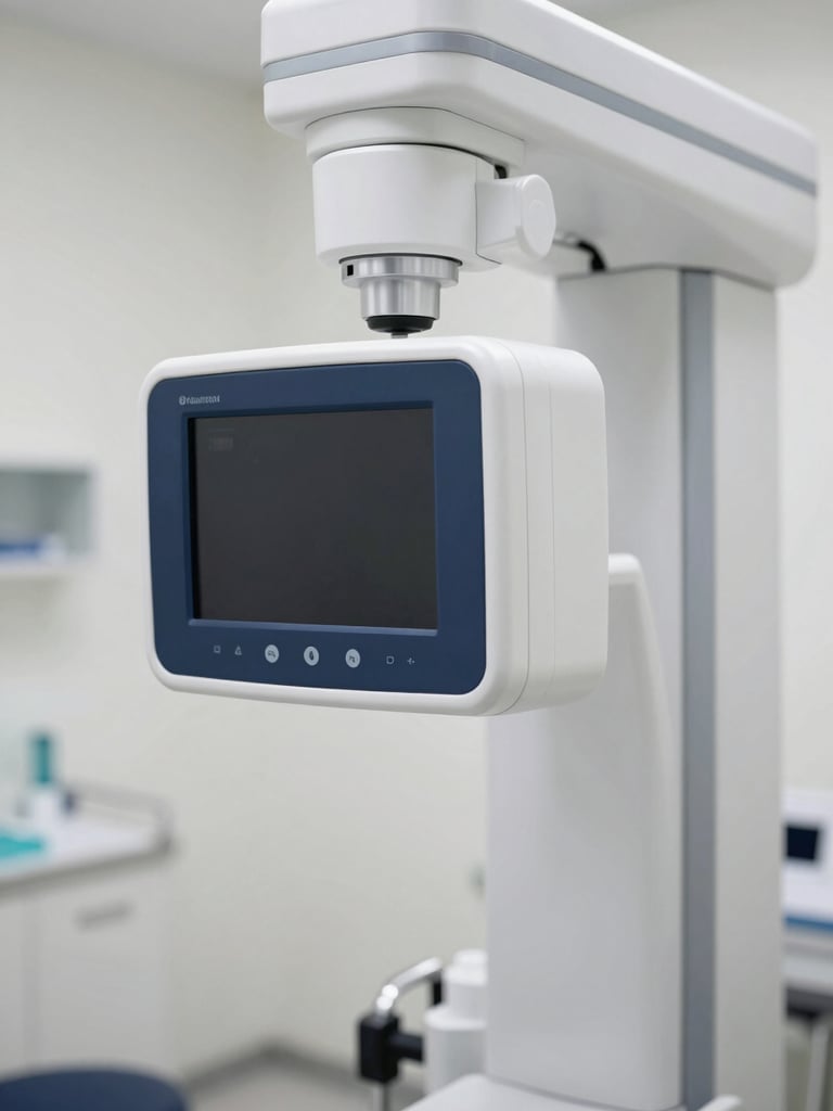 Close-up of modern digital X-ray equipment in a brightly lit, clean clinical room, sharp focus, professional high-end medical environment.