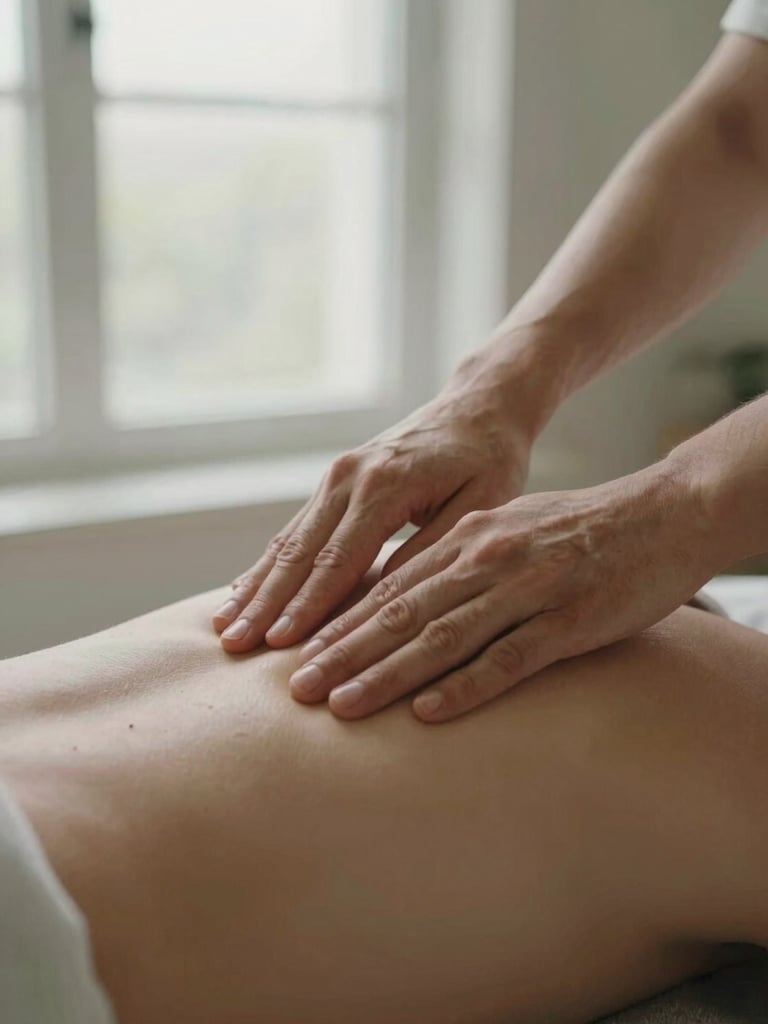 Close-up of hands performing precise therapeutic myofascial release on a shoulder, soft natural window light, muted sage tones, shallow depth of field