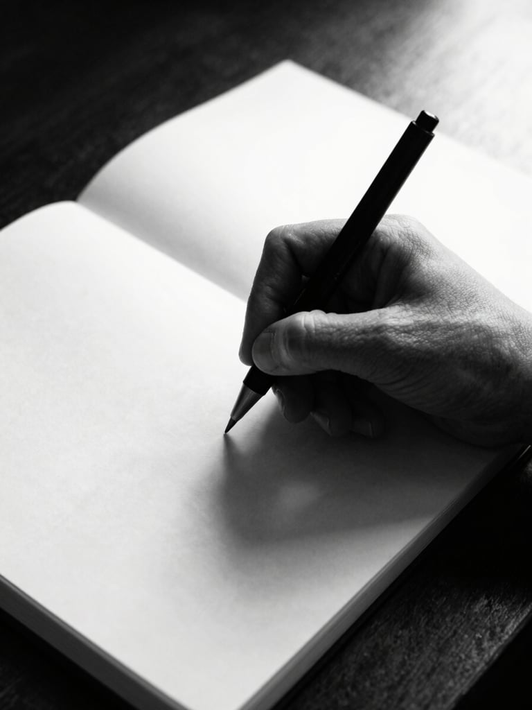 Mãos de um estrategista trabalhando em um caderno de esboços minimalista, caneta na mão, luz natural lateral, alto contraste, P&B. Foco nítido.