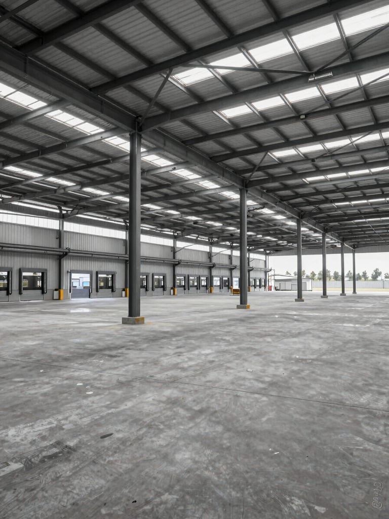 Wide environmental shot of a completed industrial warehouse complex—steel structure and concrete floor fully resolved, loading docks visible, site perimeter fenced, available daylight, no workers or people, documenting finished scope from ground level