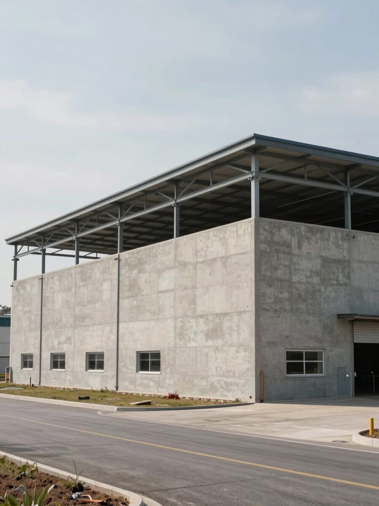 Wide-angle exterior of a completed large-scale industrial warehouse complex, concrete tilt-up panels and steel roof structure visible, midday overcast light, flat site with access roads in foreground, no people