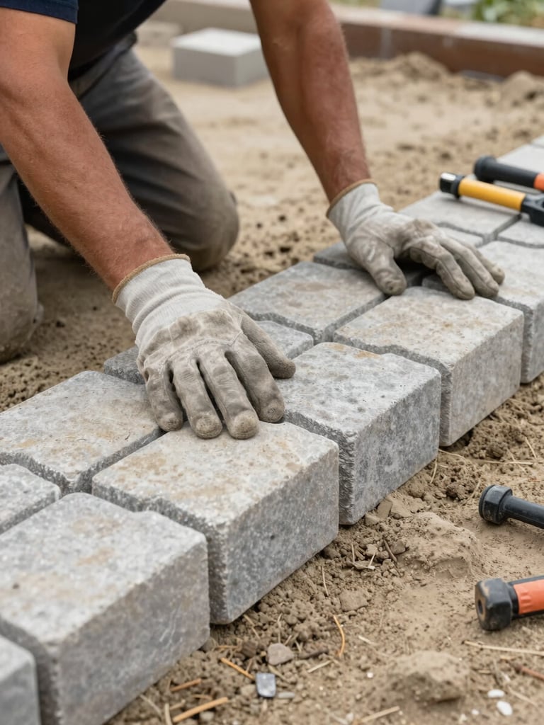 Close-up wide shot of a worker's gloved hands positioning an interlocking paver onto a levelled sand base mid-installation, overcast daylight revealing the true grey-beige tone of the stone, hand tools resting at the right edge of the frame