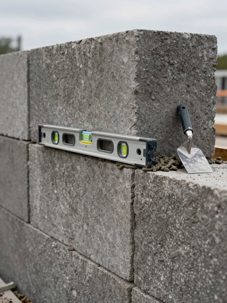 Close-up of a stone retaining wall under construction, courses of block being set with a level resting on the top course, mortar trowel nearby, overcast daylight showing true grey-brown block texture, no people visible