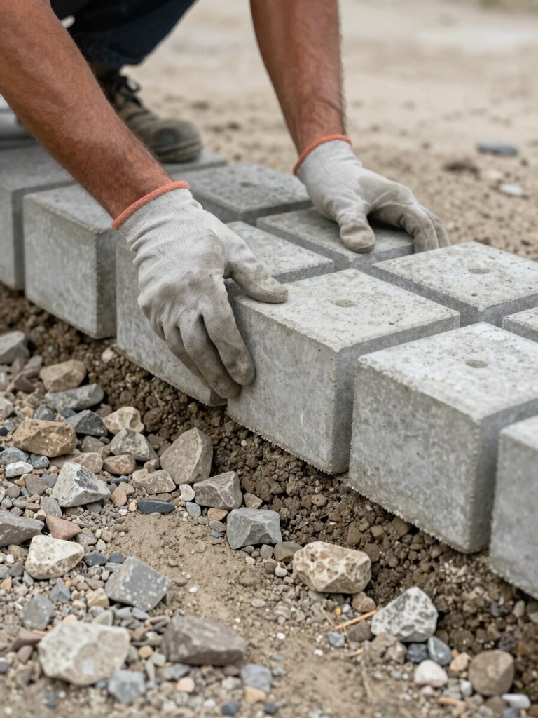 Close-up of a worker's gloved hands carefully positioning a concrete interlocking paver into a compacted gravel and sand base, the subgrade layers clearly visible at the edge, overcast natural daylight showing the true grey-beige colour of the material, no flattery, documentary framing