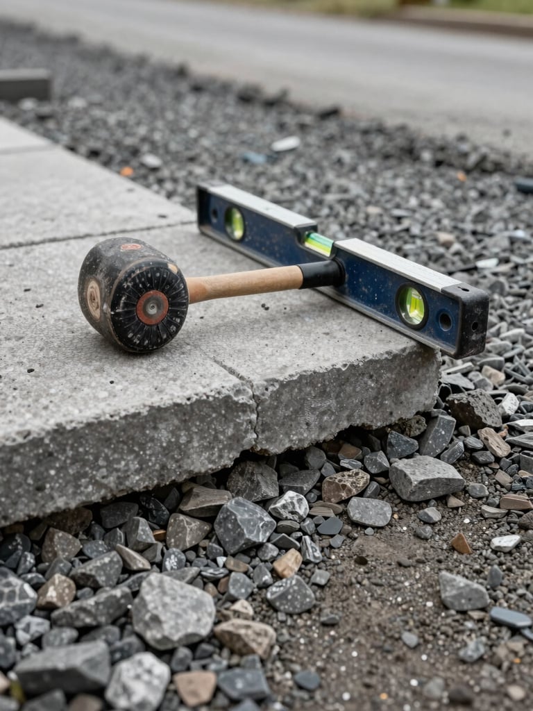 Environmental shot of a paver driveway mid-repair, a rubber mallet and level resting on partially lifted pavers exposing the compacted gravel subgrade beneath, overcast morning light, no people visible