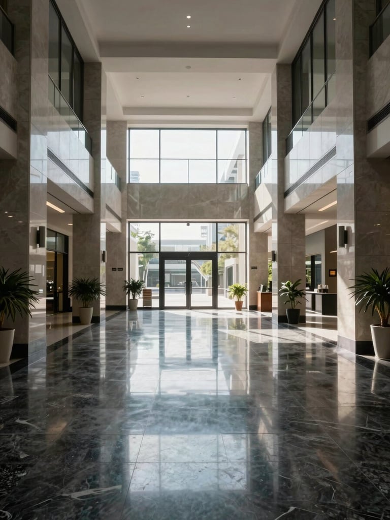 Symmetrical architectural shot of a pristine modern commercial lobby with high-contrast daylight, polished dark granite floors reflecting clean lines, professional atmosphere.
