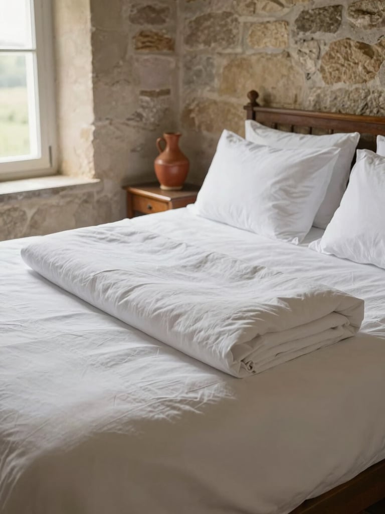 Close wide shot of a freshly made bed in a stone-walled Breton bedroom, crisp white linen folded precisely at the pillow edge, soft morning light entering from a narrow window on the left, a terracotta ceramic carafe on the bedside table