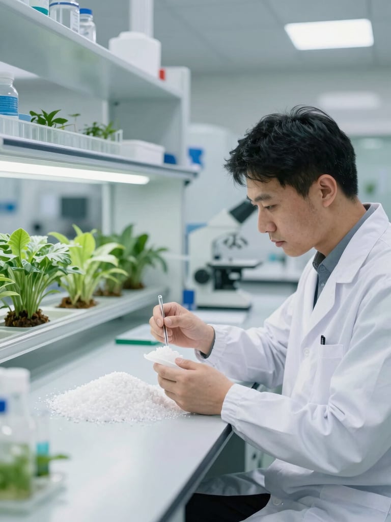 A clean modern agricultural laboratory with a technician in a white coat analyzing crystalline fertilizer samples under clinical white light, green plant cultures in the background
