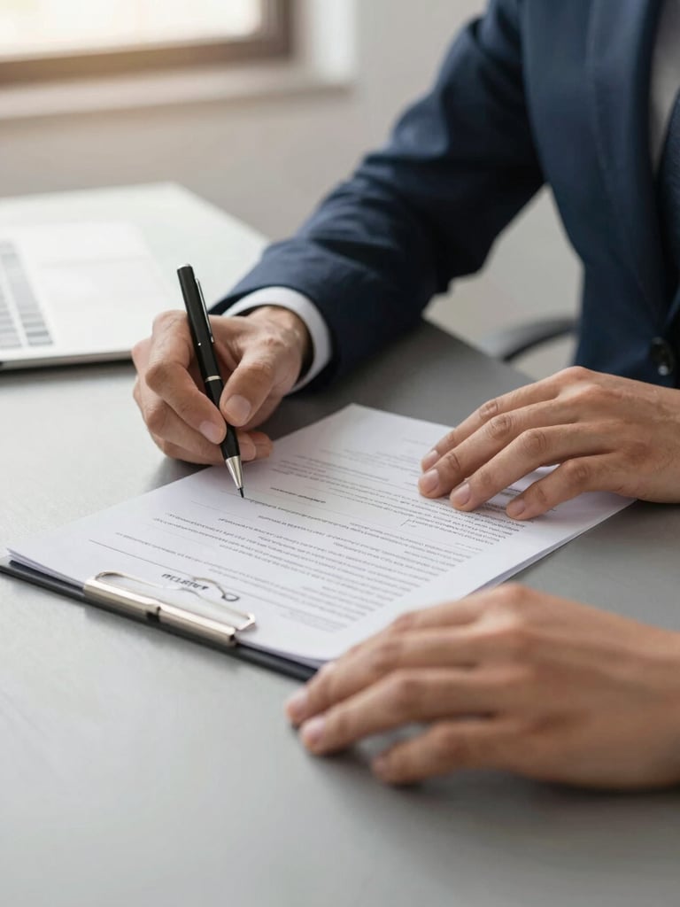 Close-up of professional hands reviewing signed insurance documents on a modern desk, warm slate gray tones, soft side lighting, shallow depth of field.