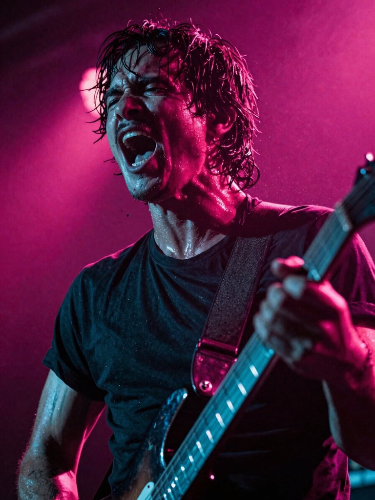 Close-up of a rock guitarist screaming mid-solo, dramatic magenta and cyan stage lights, sweat flying, high-contrast, gritty film grain.