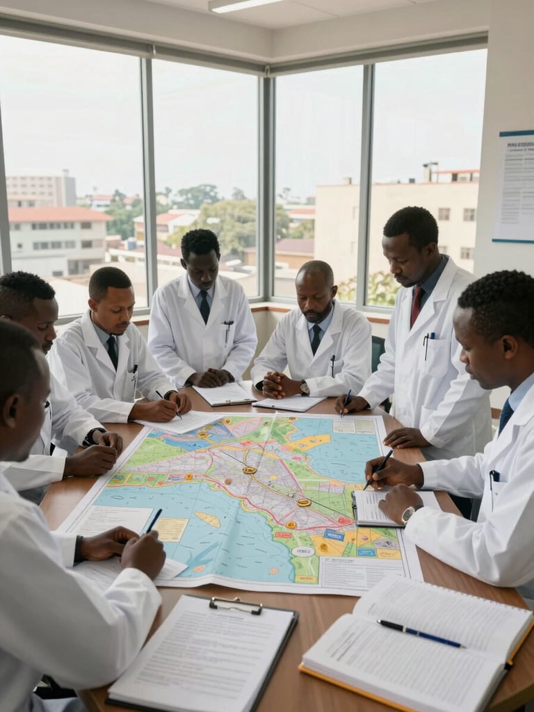 Wide medium shot of a research team gathered around a large printed map on a table in a government planning office, natural daylight from tall windows, documents and notebooks spread across the surface, West African urban context visible through glass