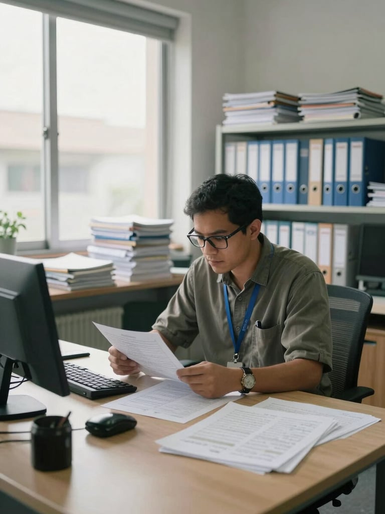 Medium-wide shot of a FRCC researcher at a large desk in a Freetown office, reviewing printed field data under natural window light, stacks of organised binders visible on shelves behind, documentary framing with generous room context