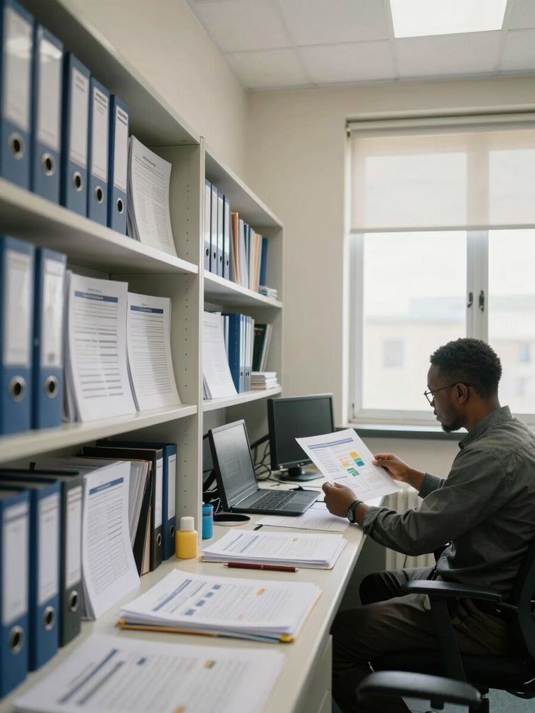 Wide shot of a research office interior in Freetown, shelves of binders and printed reports visible along the left wall, a researcher reviewing a printed organisational diagram on a desk under natural window light, neutral off-white walls, documentary framing