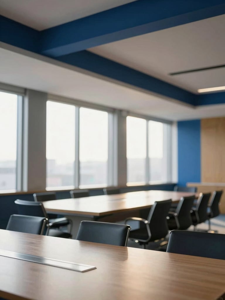 A bright, empty high-end corporate meeting room with natural light streaming through large windows, clean geometric lines, architectural photography