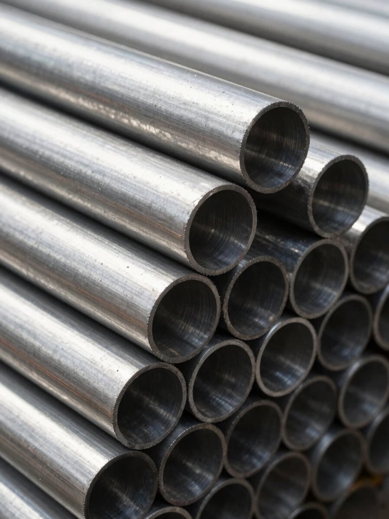 Macro detail shot of heavy-wall stainless steel pipes stacked in a Mumbai warehouse, cool metallic tones, sharp focus on steel textures, high-contrast industrial lighting