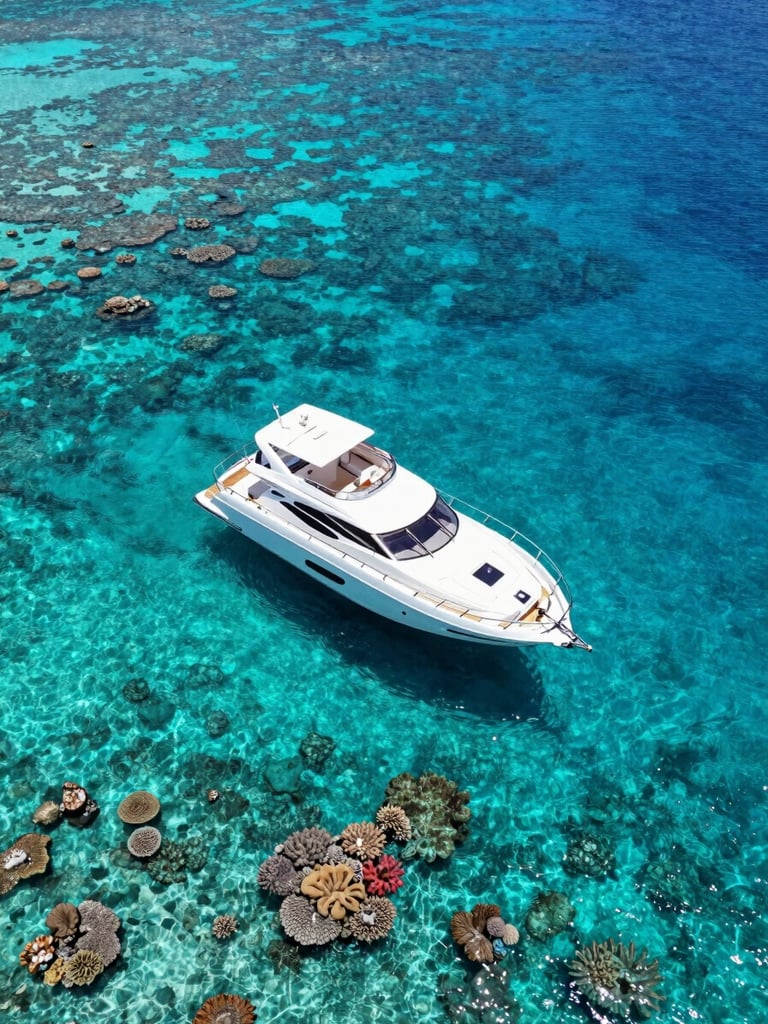 Overhead drone shot of a sleek white luxury yacht anchored in a turquoise cove in Sharm El Sheikh, vibrant coral reefs visible through crystal-clear water, bright midday sun.