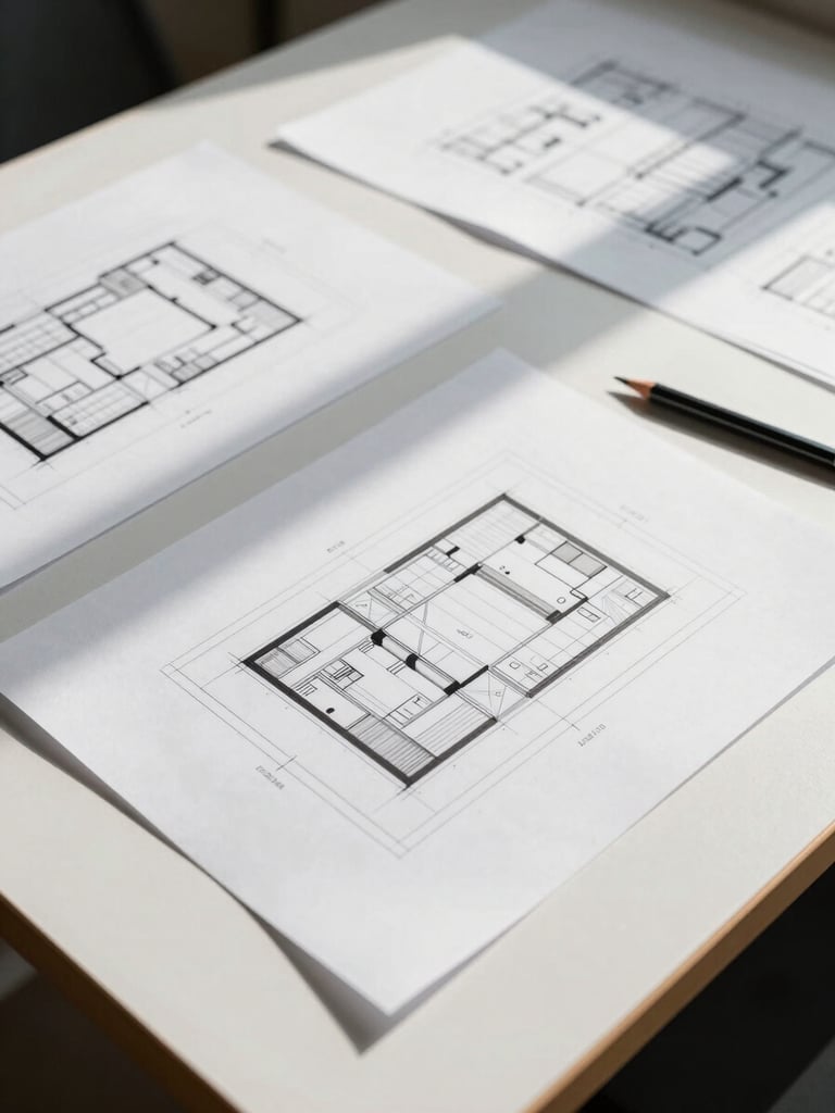 Wide-angle overhead view of a studio planning table, architectural drawings and grid layouts spread across matte white surface, single mechanical pencil resting at the edge, north-facing daylight casting clean parallel shadows, no people