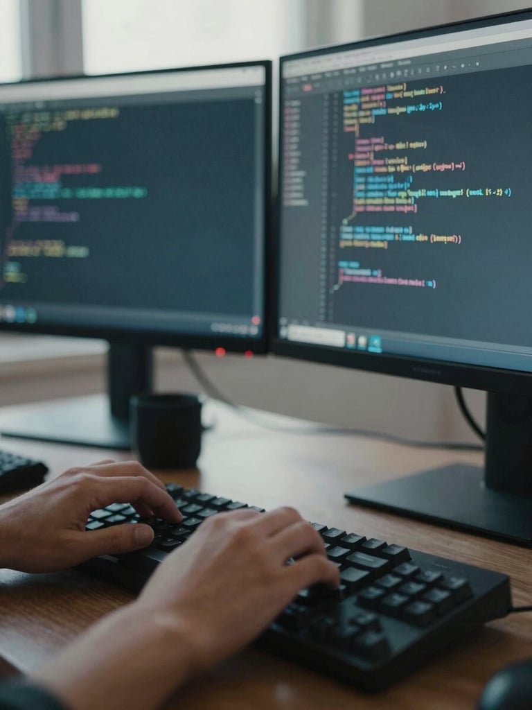 Close-up of hands typing code on a mechanical keyboard, dual-monitor setup showing terminal windows, subtle blue screen glow, cool editorial style