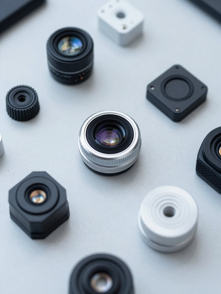 Overhead technical layout of smart device components on a clean gray workbench, high-key studio lighting, sharp macro lens detail.