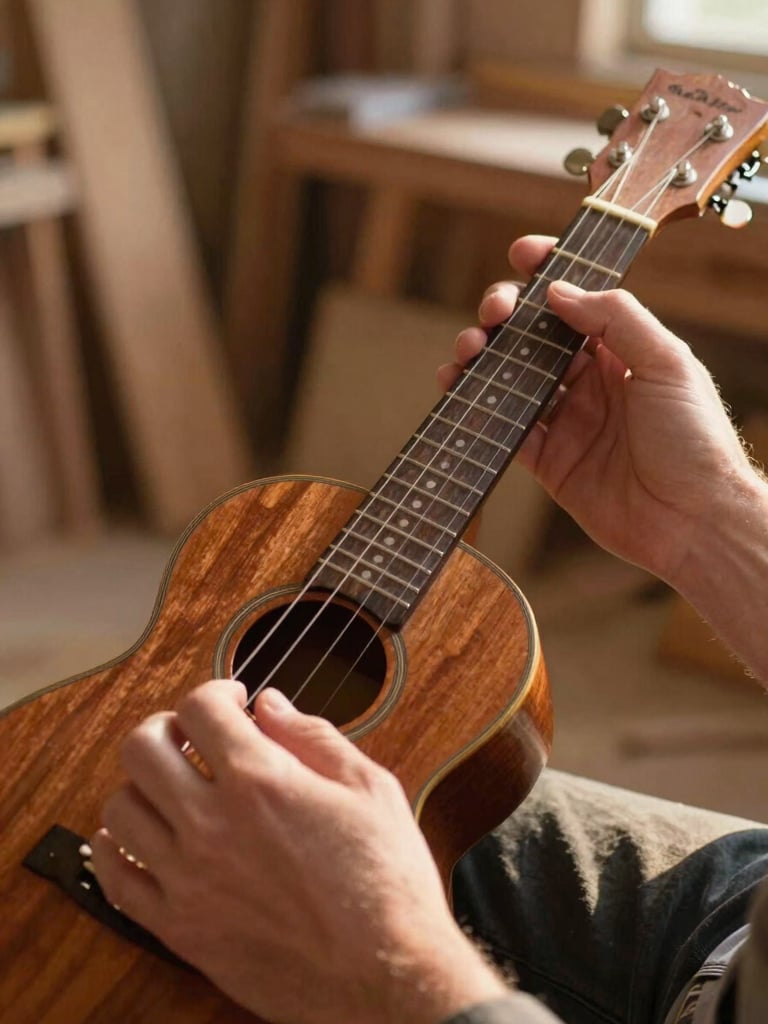Close-up from slightly above, right-framing: a pair of adult hands mid-strum on a ukulele, warm golden afternoon light spilling across the fretboard and wooden body, soft background of a timber workshop interior, fingers relaxed and natural, strings visibly vibrating