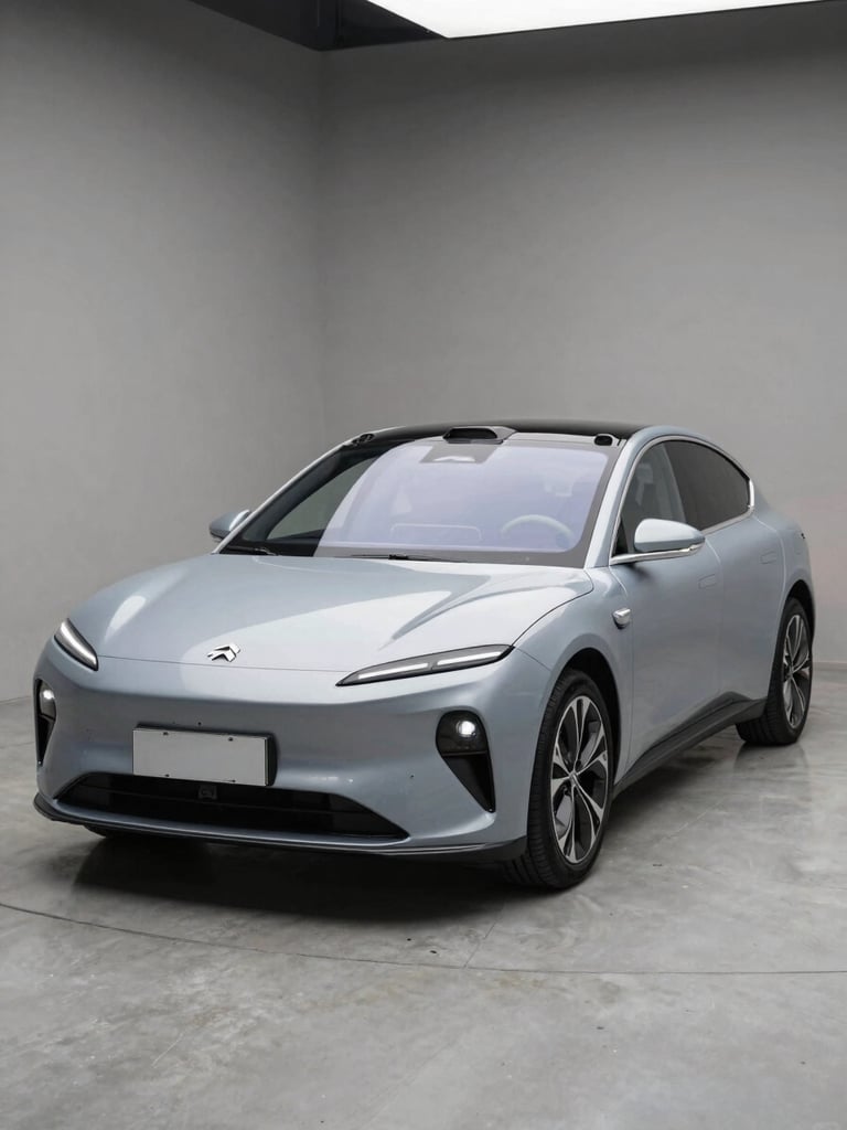 Wide three-quarter front angle of a sleek electric sedan on neutral concrete, studio strobe lighting raking across the hood, EV badge and clean wheel arch in sharp focus, no driver, no background clutter