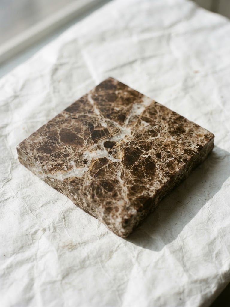Luminous editorial photography, bright natural daylight, close-up of brown Emperador marble sample resting on a sheet of white Tyvek, soft shadows, high-contrast, 35mm
