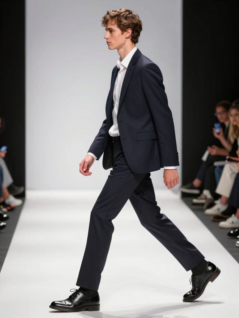Full-body runway stride mid-step on a clean white catwalk, model in sharp editorial look, studio strobe lighting from above, sharp focus on movement and posture, environment reads as professional fashion week backstage-to-runway transition