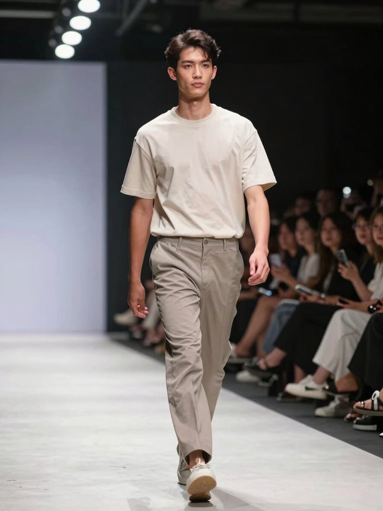 Wide shot of a male model mid-stride on a Jakarta Fashion Week runway, full-body frame, bright overhead stage lighting, sharp focus on posture and movement, audience blurred in background