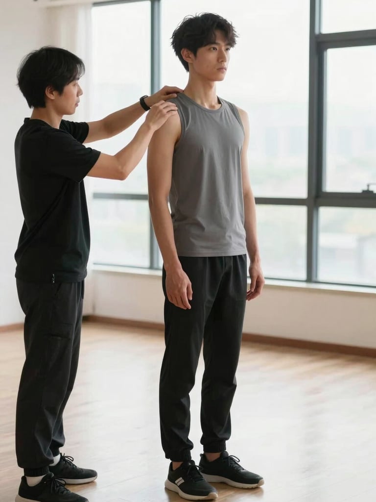 Training session inside a bright studio space — a young adult standing upright in correct runway posture while an instructor adjusts shoulder alignment, sharp natural light from large windows, clean floor, focus on posture and movement instruction