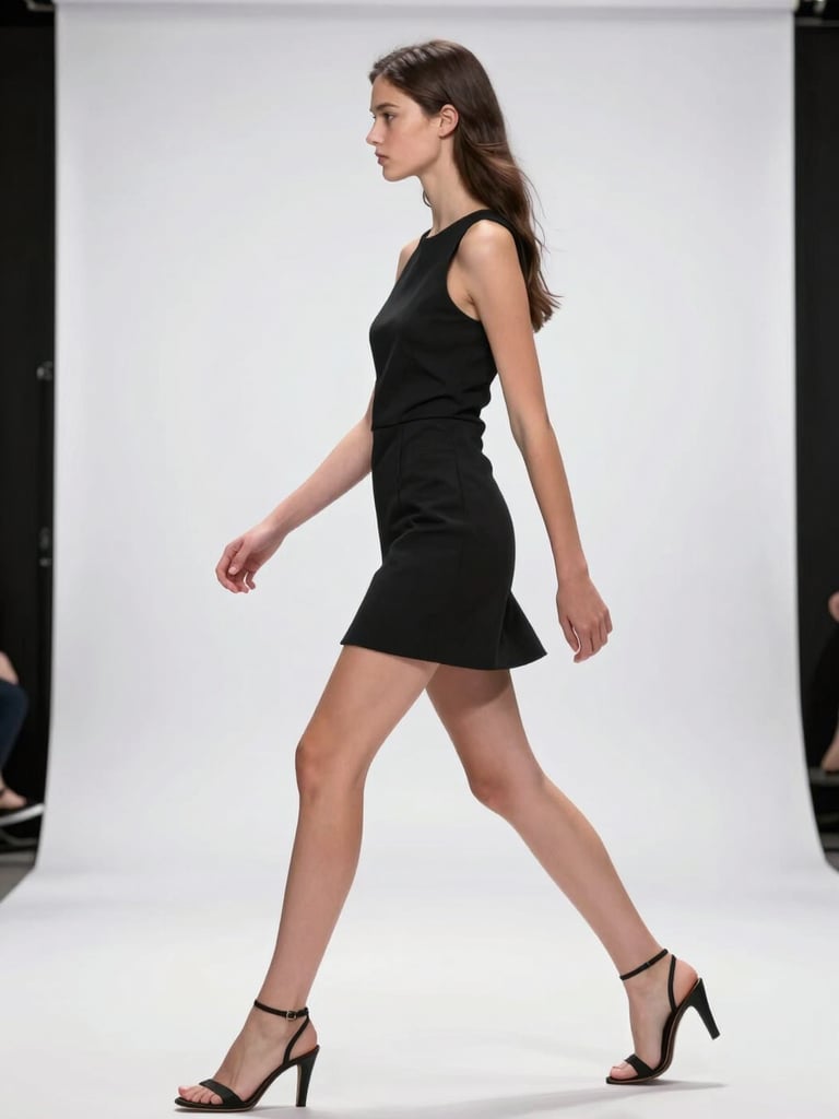 Close full-body shot of a young female model mid-stride on a runway, sharp focus on posture and movement, studio strobe lighting, clean white backdrop, professional editorial framing