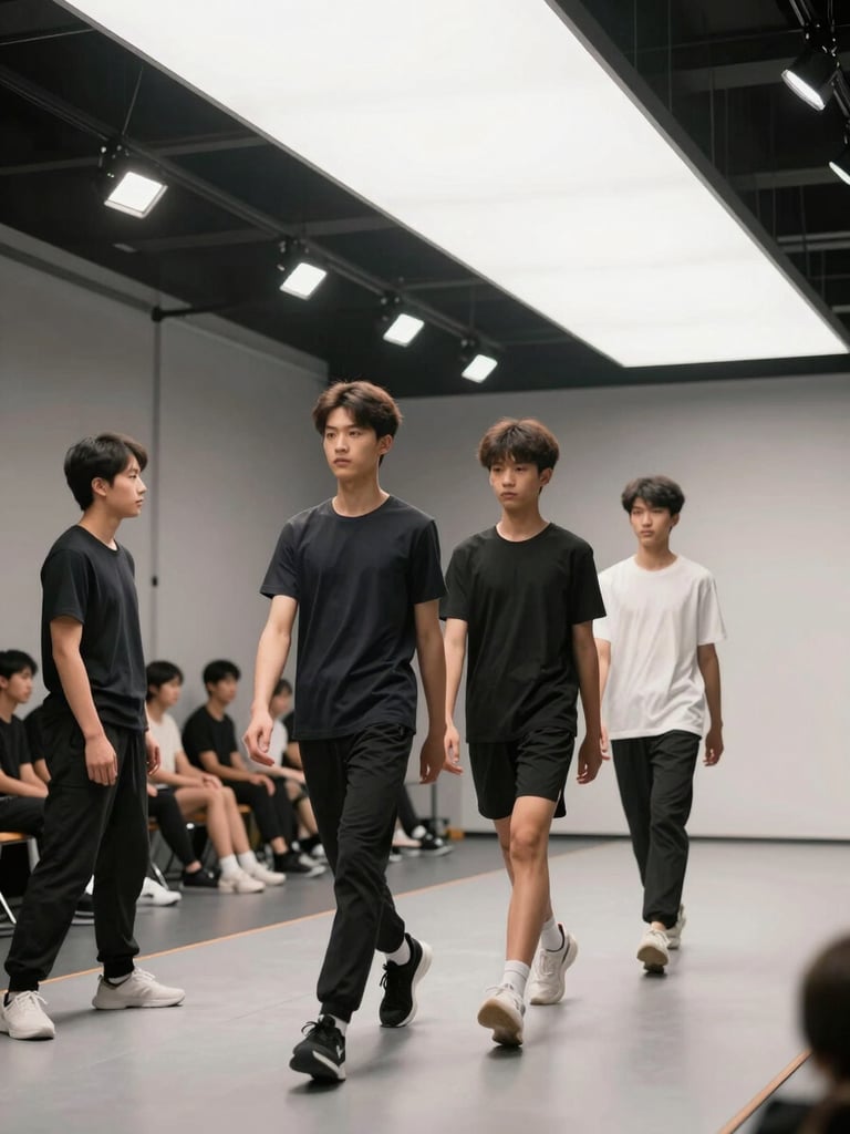 Wide shot of a training session on a studio runway, two students walking in formation under bright overhead lights, instructor watching from the side, sharp focus on posture and footwork, professional documentary framing