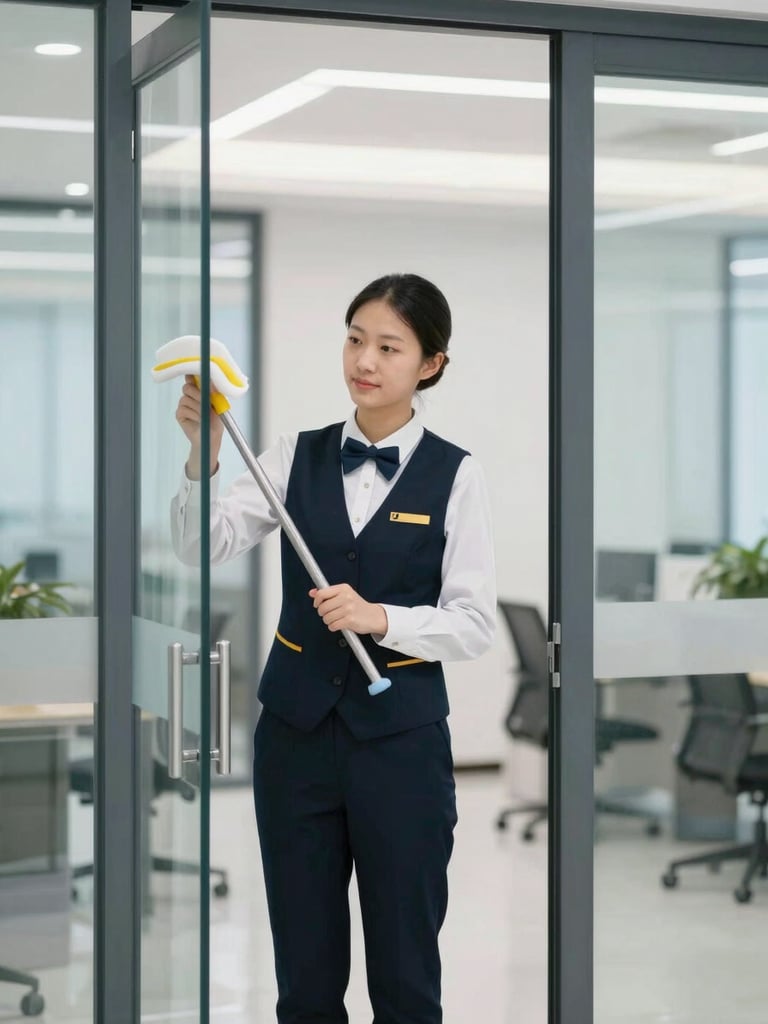 Professional uniformed day porter cleaning a glass door in a modern corporate office, bright even interior lighting, focus on work