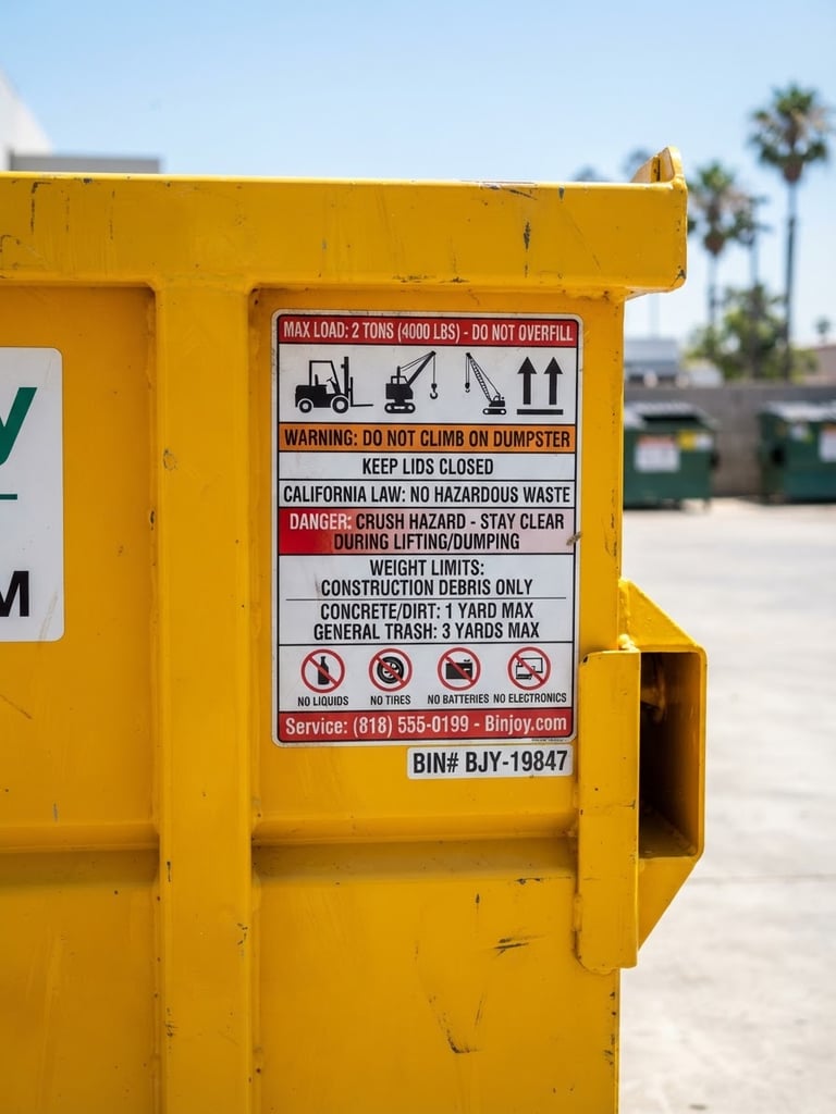 A close-up of a clean, bright yellow Binjoy dumpster side panel showing clear weight limit and safety labels under bright Southern California sunlight.