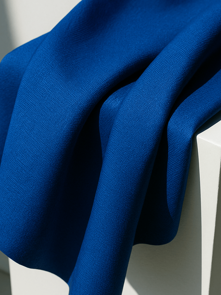 Close-up of premium fabric texture, highly structured electric blue silk-wool blend draped over a minimalist white stand, sharp tropical sunlight, high-contrast shadows, 35mm lens.
