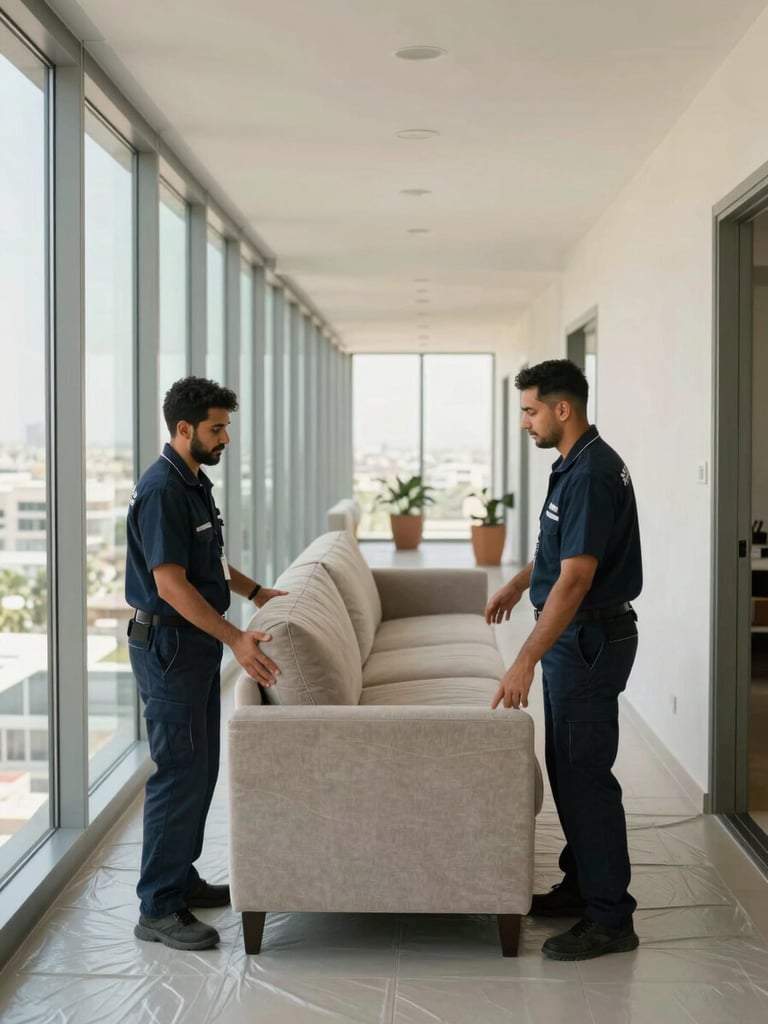 Close environmental shot of two SafeShift team members in uniforms coordinating a large sofa through a wide apartment corridor in Dubai, natural daylight from floor-to-ceiling windows, protective floor covering visible underfoot