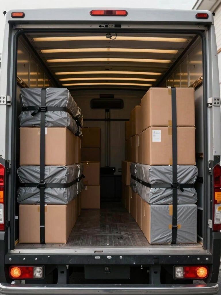 Interior of a professionally loaded moving truck, boxes uniformly stacked and strapped, furniture wrapped in grey moving blankets secured with ratchet straps, warm daylight from the open rear, steel ribbed walls, wide environmental framing showing full truck depth
