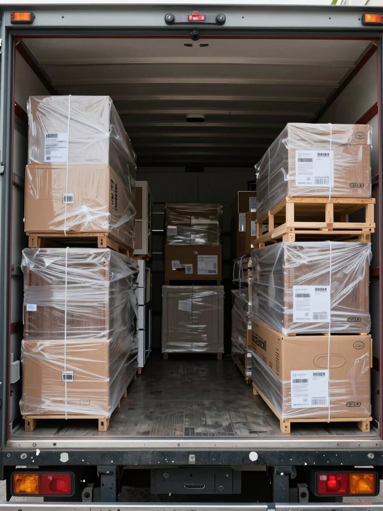 Wide interior view of a moving truck, professionally loaded with wrapped furniture and stacked labelled boxes in organized rows, natural daylight from loading bay doors, clean steel floor visible