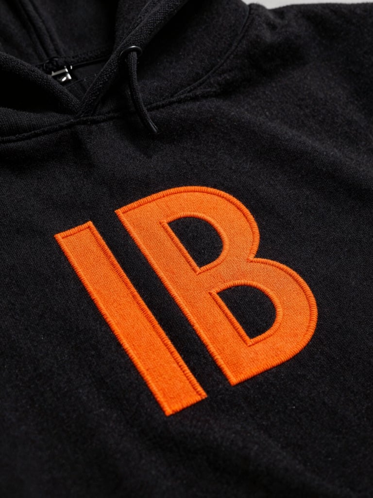 Extreme macro close-up of vibrant safety orange ink curing on a heavy black cotton hoodie, dramatic studio lighting with deep shadows, showcasing the rich texture of the fabric fibers and raised print details.