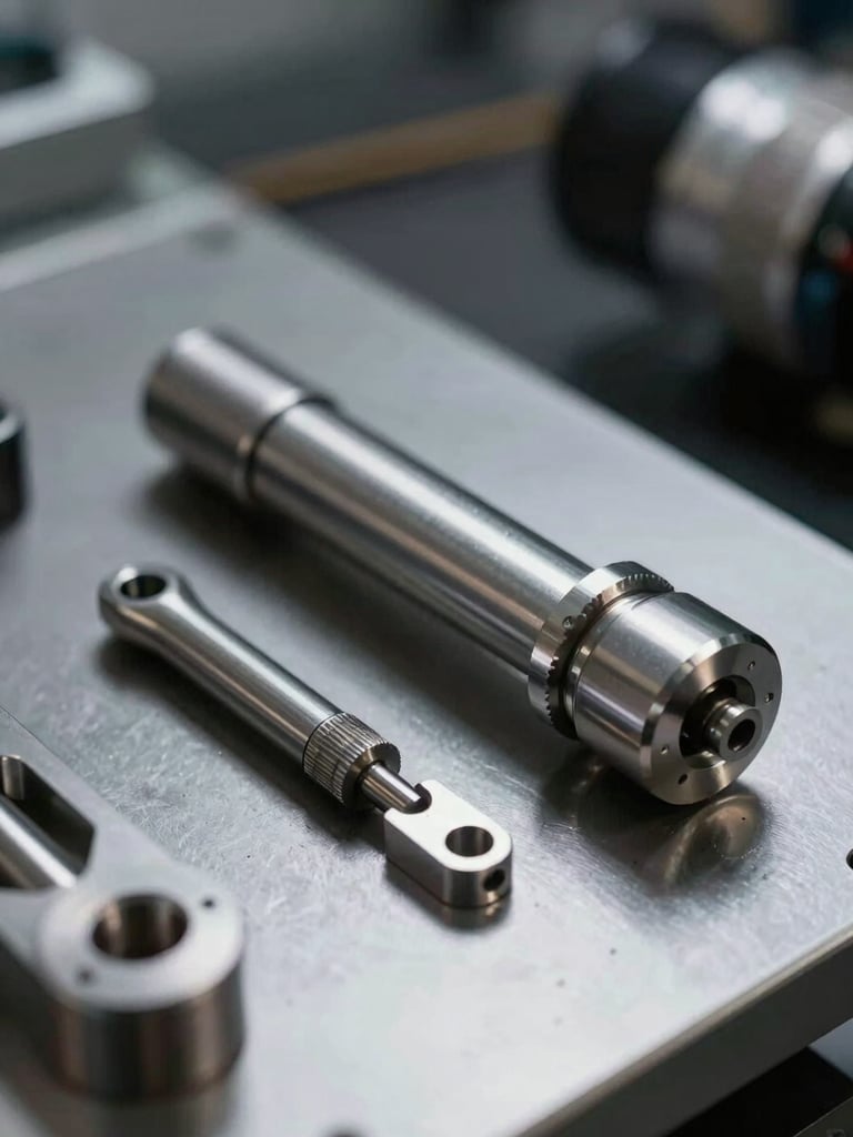 Macro shot of custom-machined steel components on a quality-control inspection table, sharp industrial lighting, high contrast