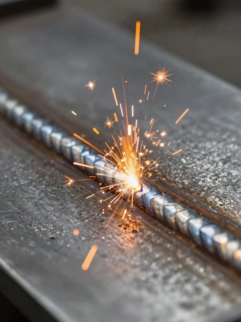 Macro shot of a clean industrial weld seam on heavy steel plate, bright orange sparks frozen in motion
