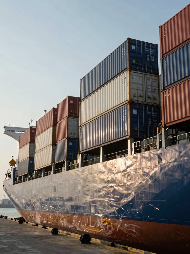 Wide-angle shot of shipping containers being loaded onto a cargo vessel at Kandla Port, harsh natural sunlight, high contrast