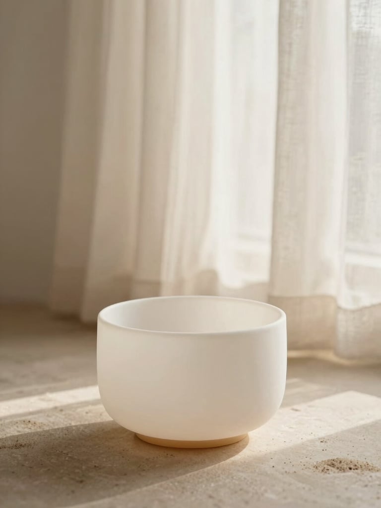 Soft morning daylight filtering through a linen curtain onto a minimalist ceramic wellness vessel on a textured stone surface, warm sand tones.