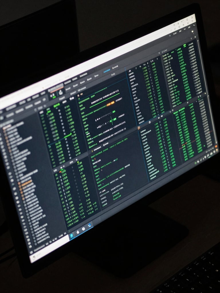 Close overhead crop of a deployment dashboard on a wide monitor, terminal logs scrolling on the left pane, uptime metrics and green status indicators on the right pane, cool fluorescent lighting reflecting on the screen surface, no people, dark desk environment