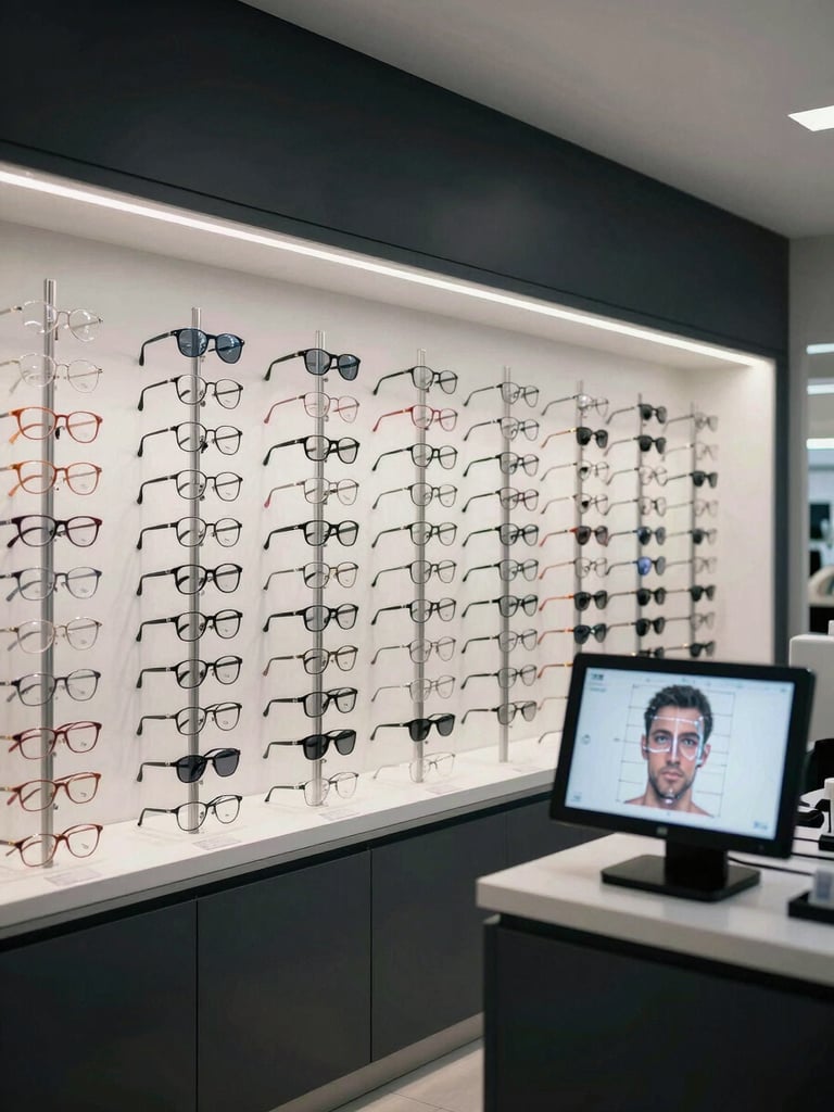 Wide environmental shot of an optician storefront interior under cool diffused light, a display of prescription frames along a clean wall, a screen at the counter showing a facial measurement interface with geometric overlay points, no people smiling, clinical and precise atmosphere, dark minimal decor