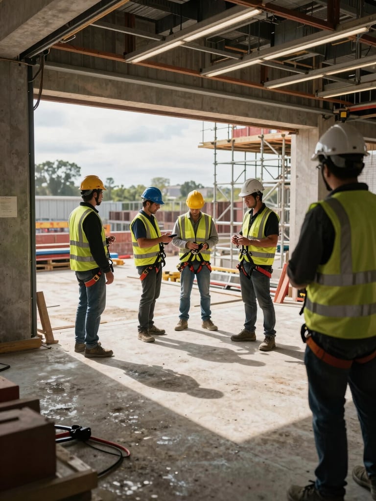 Wide shot of an active construction site interior, workers in high-visibility vests and hard hats visible mid-frame, overhead industrial lighting casting sharp shadows on concrete floor, safety equipment and scaffolding in background, overcast daylight from open bay doors on the left edge, tight framing on the moment a worker checks a harness clip
