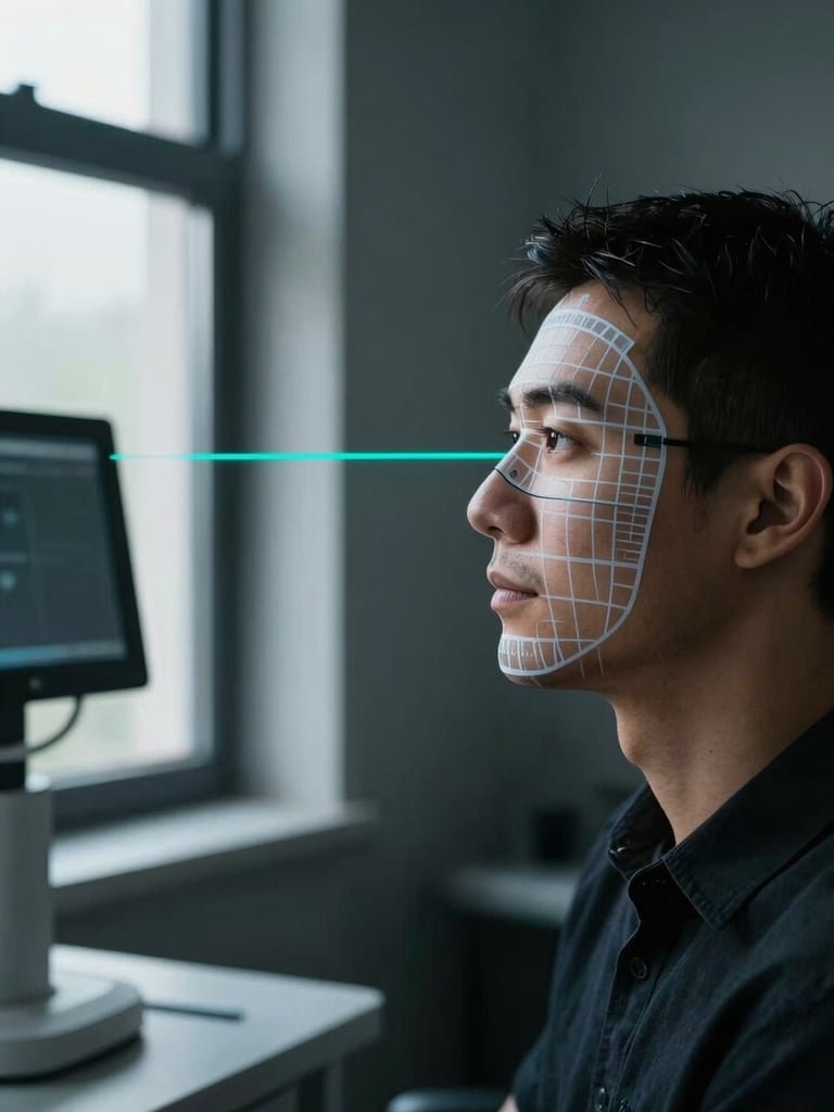 Close-up side angle of an optician station under cool north-facing window light, a patient seated while a facial measurement grid overlay highlights key anatomical landmarks on their face, clinical and precise, dark background with a single teal detection line visible on screen, no smiling, no celebration