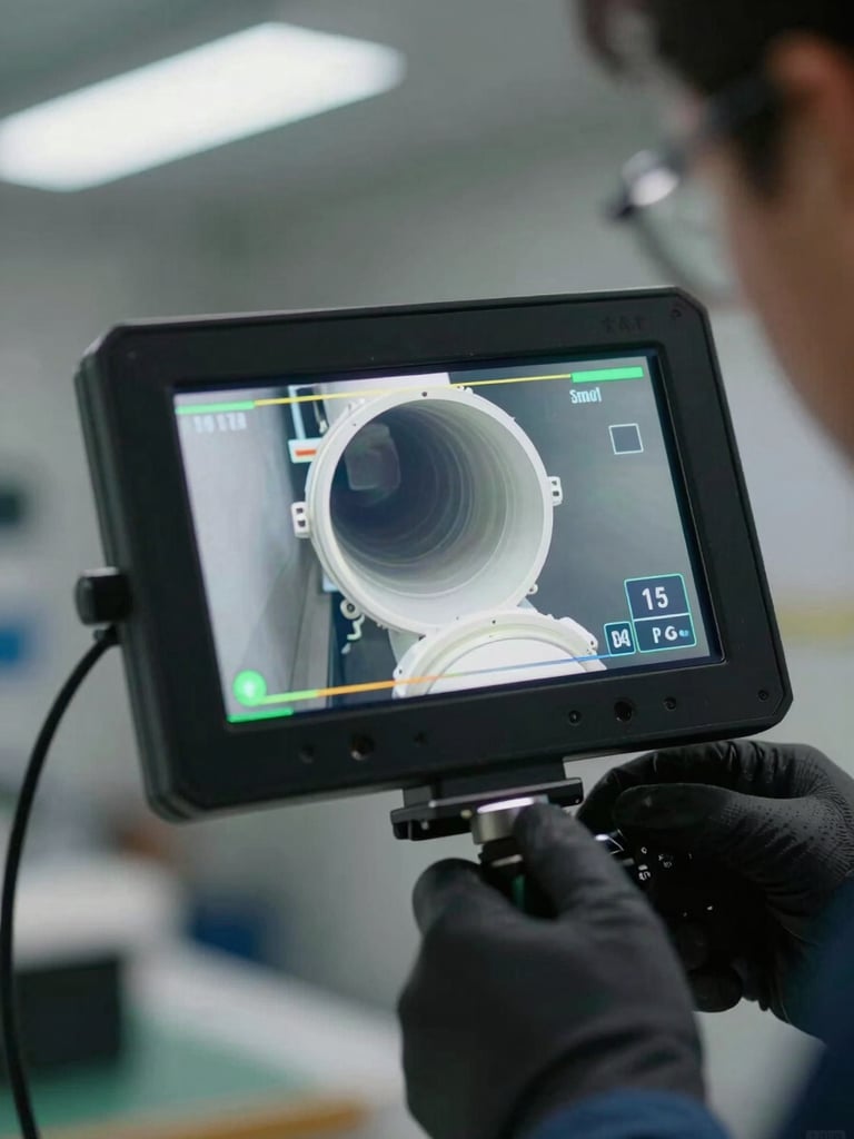 Close-up of a digital video inspection screen showing the inside of a clean PVC pipe, a technician's gloved hand adjusting the camera cable, bright LED workspace lighting.