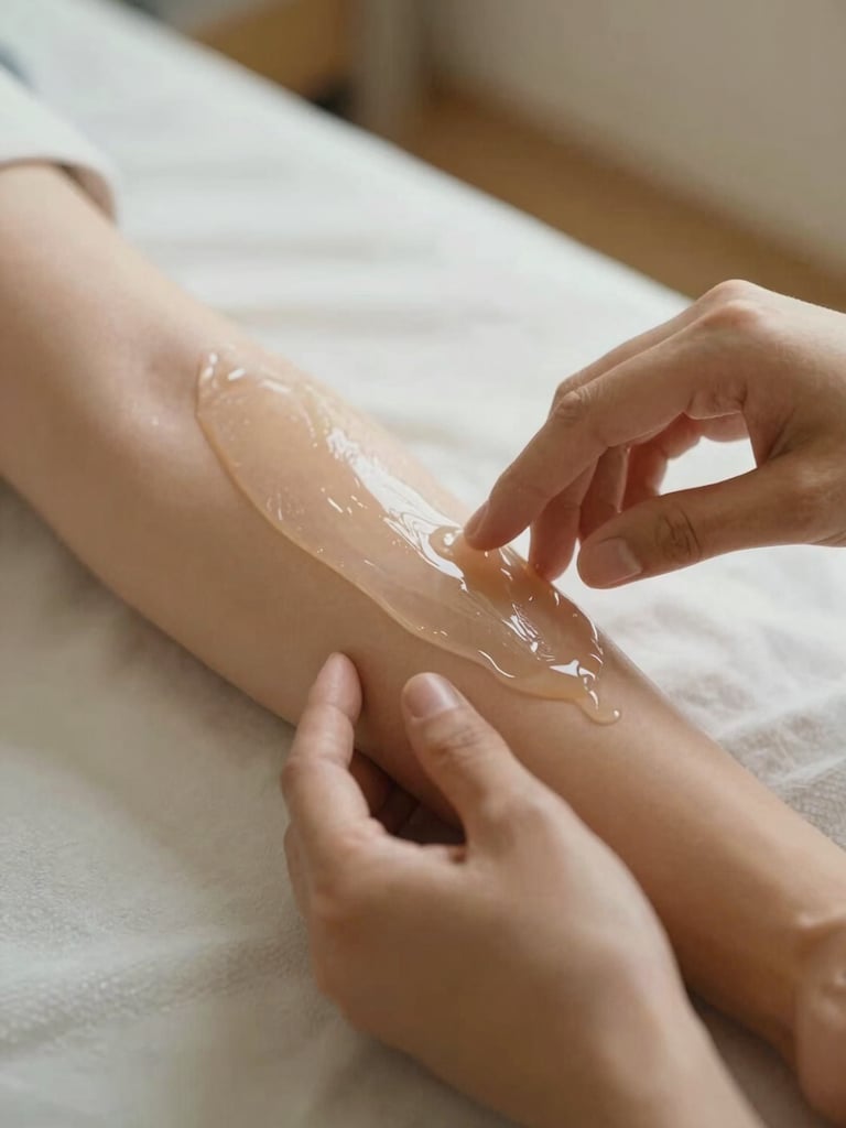 Close-up of hands gently applying a translucent, gel-like material to a prosthetic arm, in a clean, warm medical setting, soft natural light, shallow depth of field, authentic, 35mm.